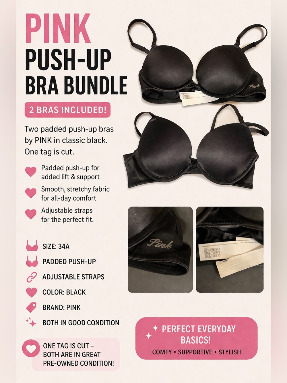 PINK Push-Up Bra Bundle (2) – Black – Size 34A